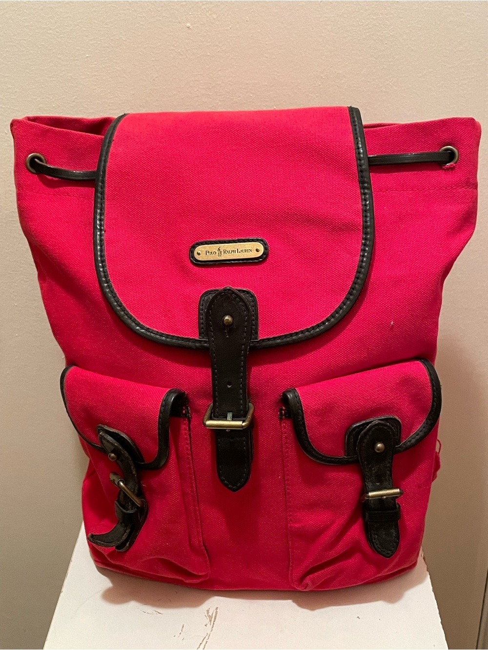 VTG Polo Ralph Lauren Red Canvas Hiking Backpack Rucksack Metal Plate Gorpcore